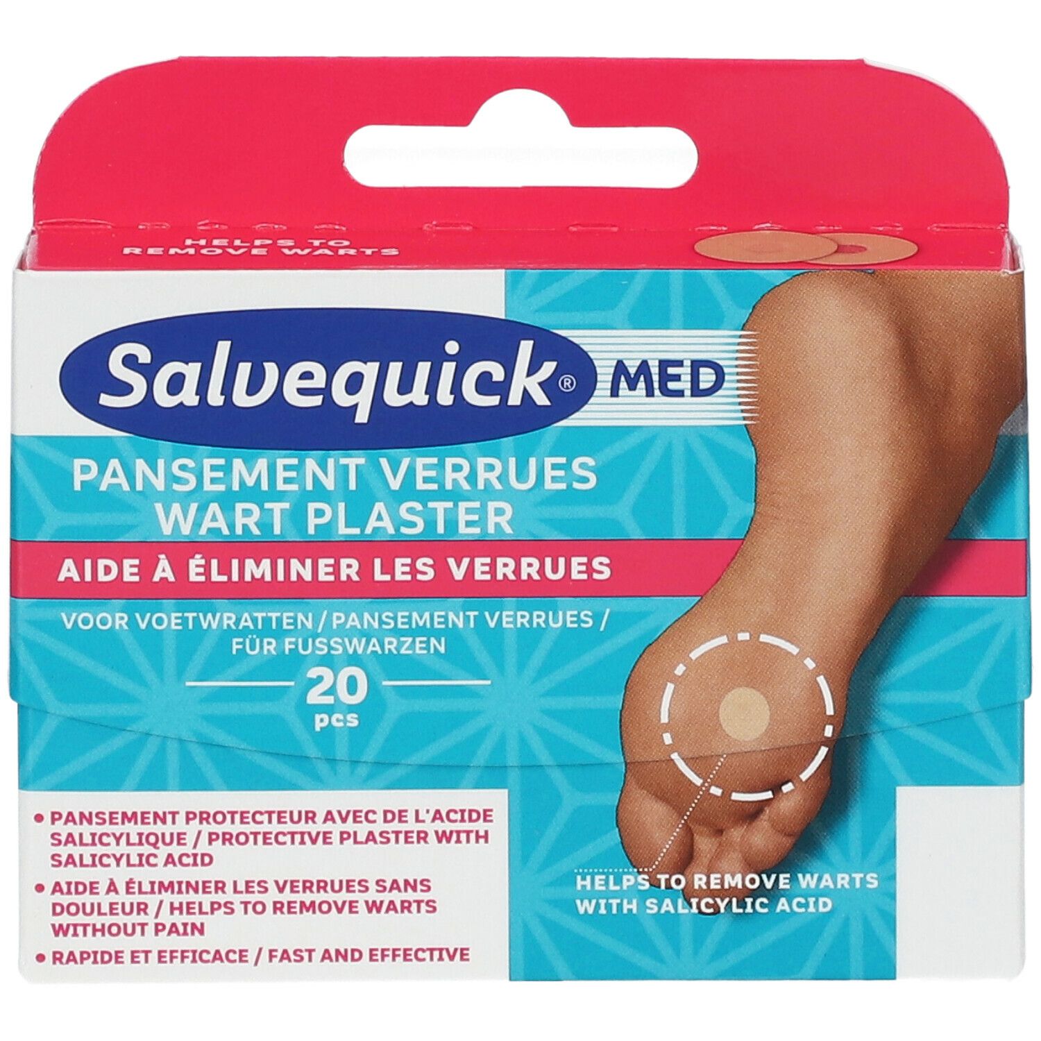 Boîte de pansements Salvequick® MED pour verrues. Montre un pied avec un pansement. 20 pièces. Aide à éliminer les verrues avec de l'acide salicylique.