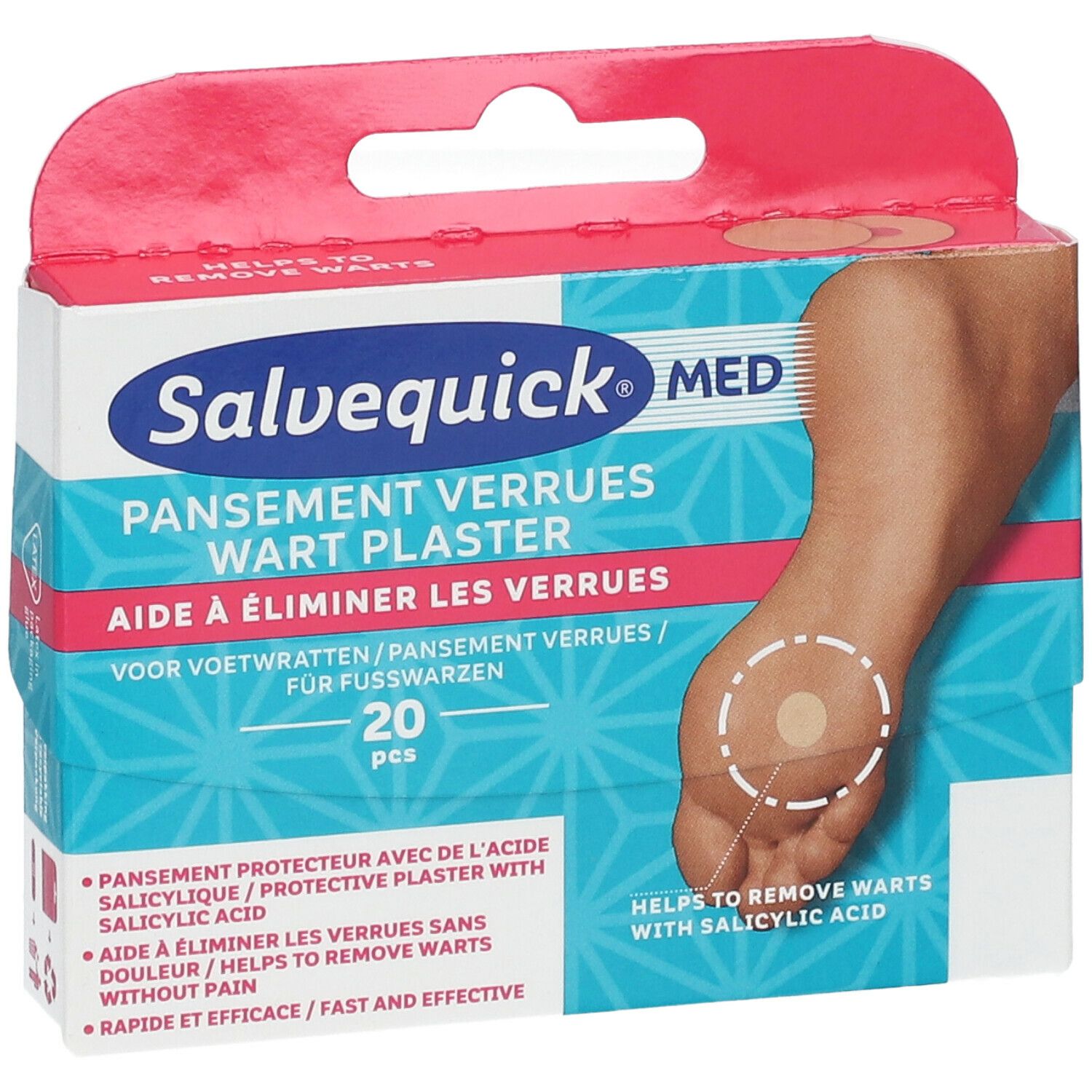 Boîte de pansements Salvequick® MED pour verrues. Montre un pied avec un pansement. 20 pièces. Aide à éliminer les verrues avec de l'acide salicylique.
