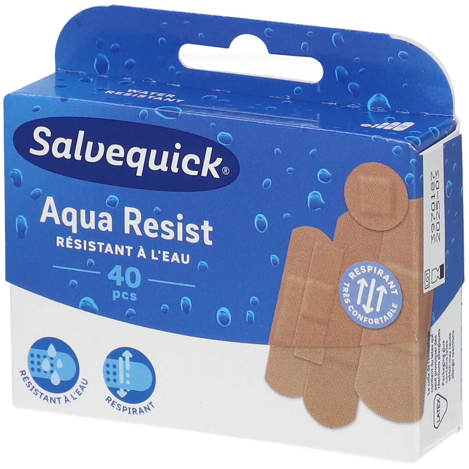 Boîte Salvequick Aqua Resist, 40 pansements. Résistant à l'eau et respirant. Pansements beiges représentés sur l'emballage.