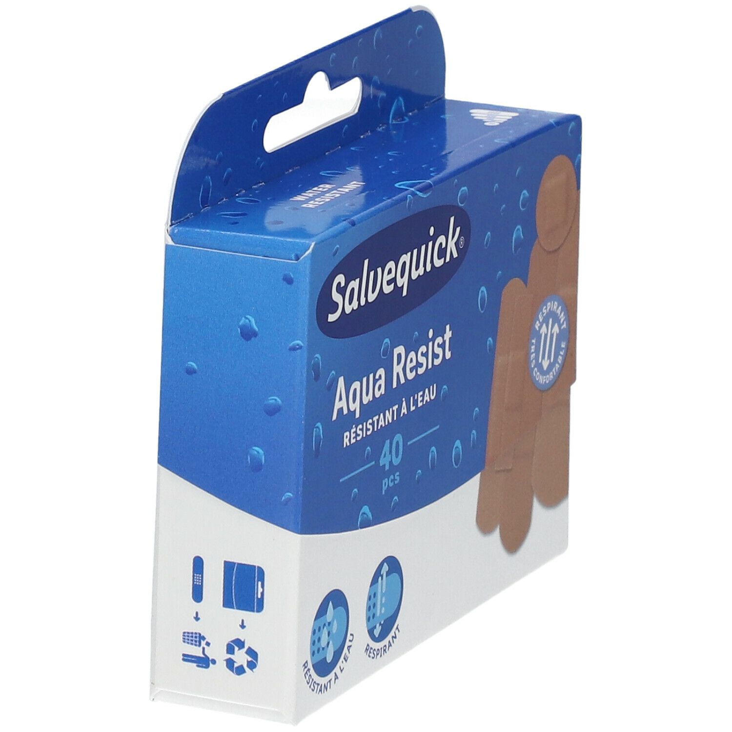 Boîte Salvequick Aqua Resist. 40 pansements. Résistant à l'eau. Pansements beiges sur l'emballage. Emballage bleu avec poignée.