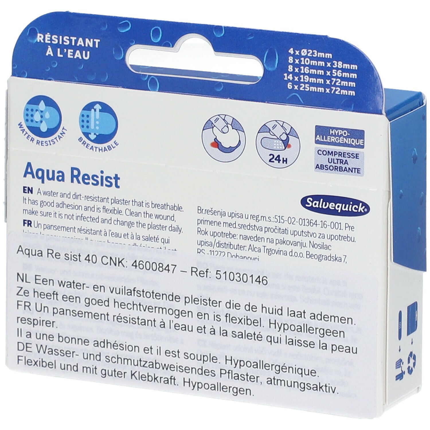 Dos de la boîte Salvequick Aqua Resist. Informations sur les ingrédients, tailles et mode d'emploi. Résistant à l'eau et respirant.