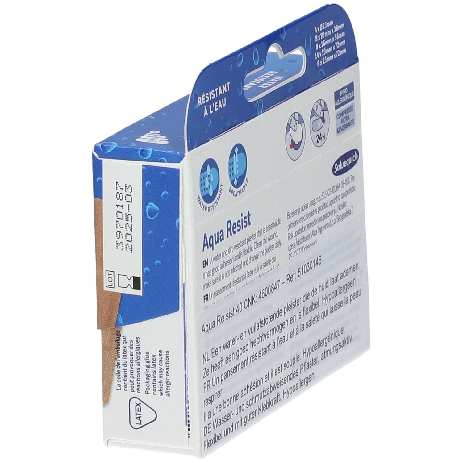 Côté de la boîte Salvequick Aqua Resist. Informations sur la date de péremption et l'avertissement latex. Résistant à l'eau et respirant.