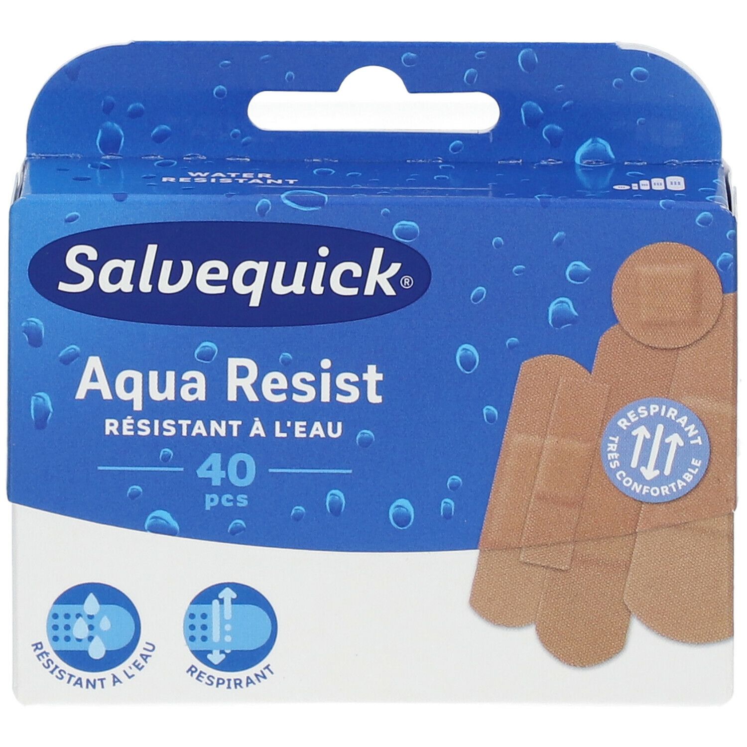 Boîte Salvequick Aqua Resist, 40 pansements. Résistant à l'eau et respirant. Pansements beiges représentés sur l'emballage.