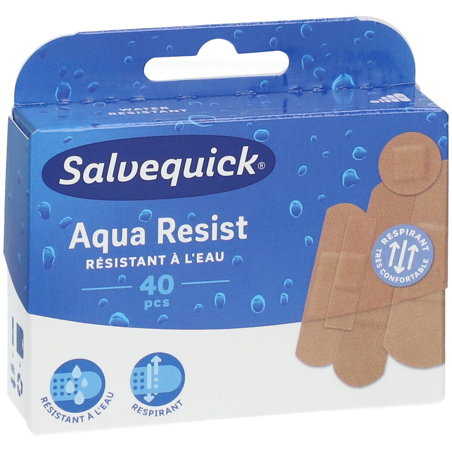 Boîte Salvequick Aqua Resist, 40 pansements. Résistant à l'eau et respirant. Pansements beiges représentés sur l'emballage.