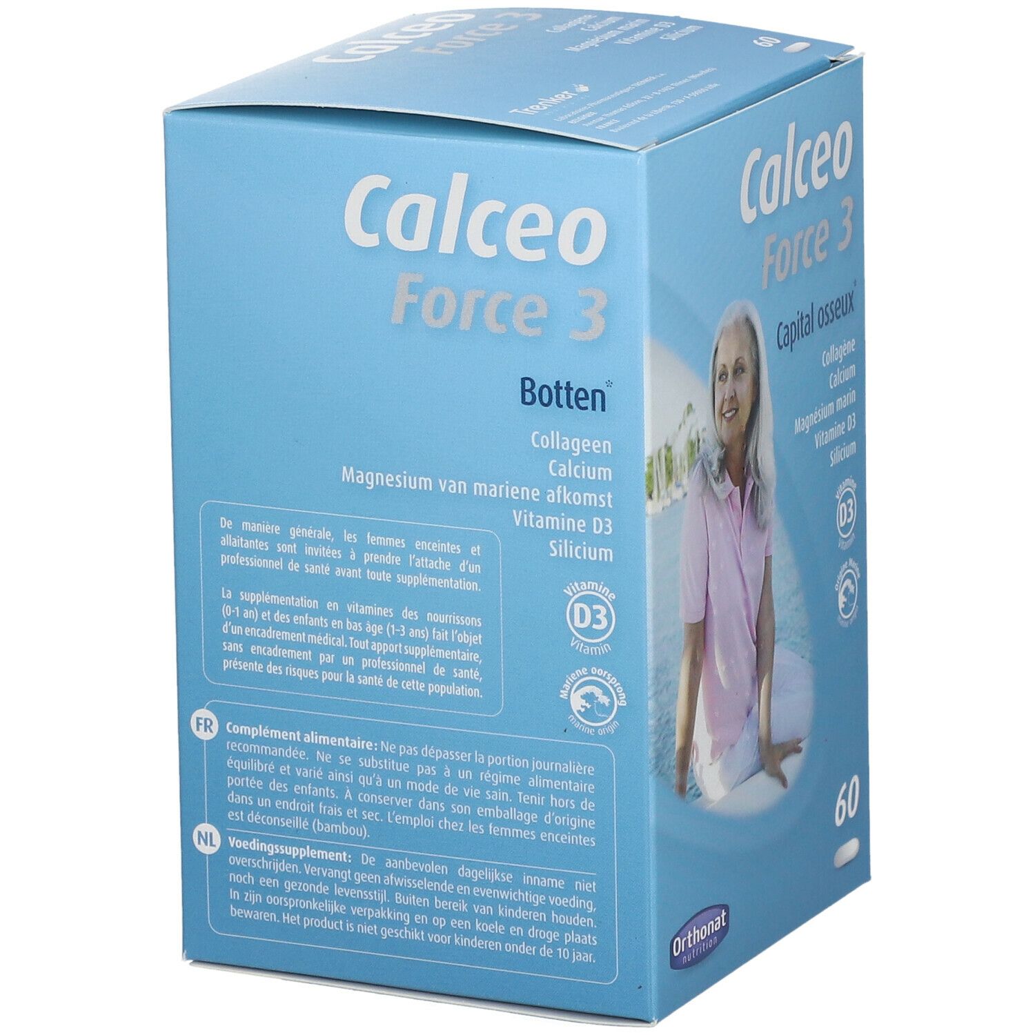 Boîte bleue "Calceo Force 3". Inscription "Botten". Contient collagène, calcium, magnésium, vitamine D3, silicium. 60 comprimés.