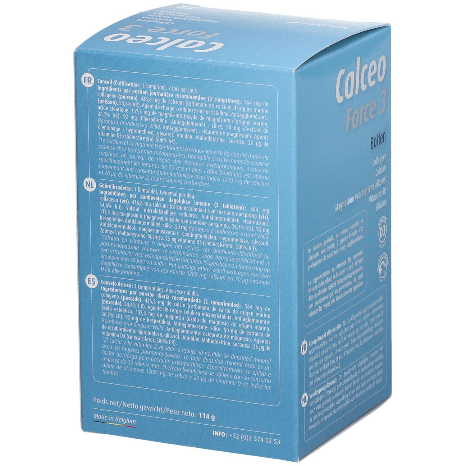 Dos de la boîte bleue "Calceo Force 3". Contient des informations sur les ingrédients et l'utilisation. Poids : 114 g.