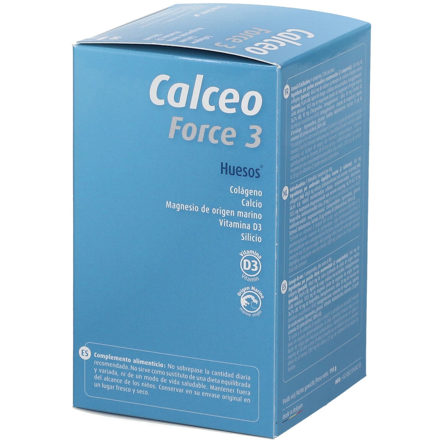 Boîte bleue "Calceo Force 3". Inscription "Huesos". Contient collagène, calcium, magnésium, vitamine D3, silicium.