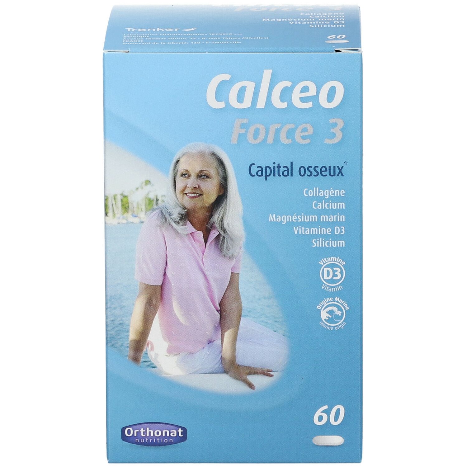 Boîte bleue "Calceo Force 3". Inscription "Capital osseux". Contient 60 comprimés. Femme assise au bord de la mer.