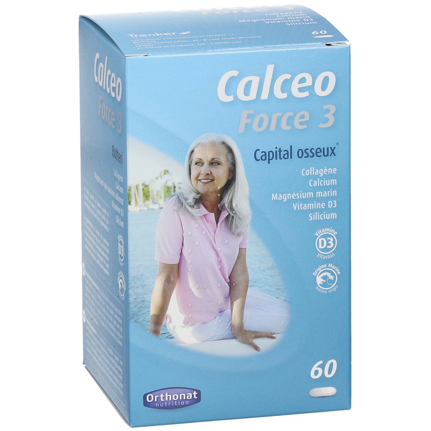 Boîte bleue "Calceo Force 3". Inscription "Capital osseux". Contient 60 comprimés. Femme assise au bord de la mer.