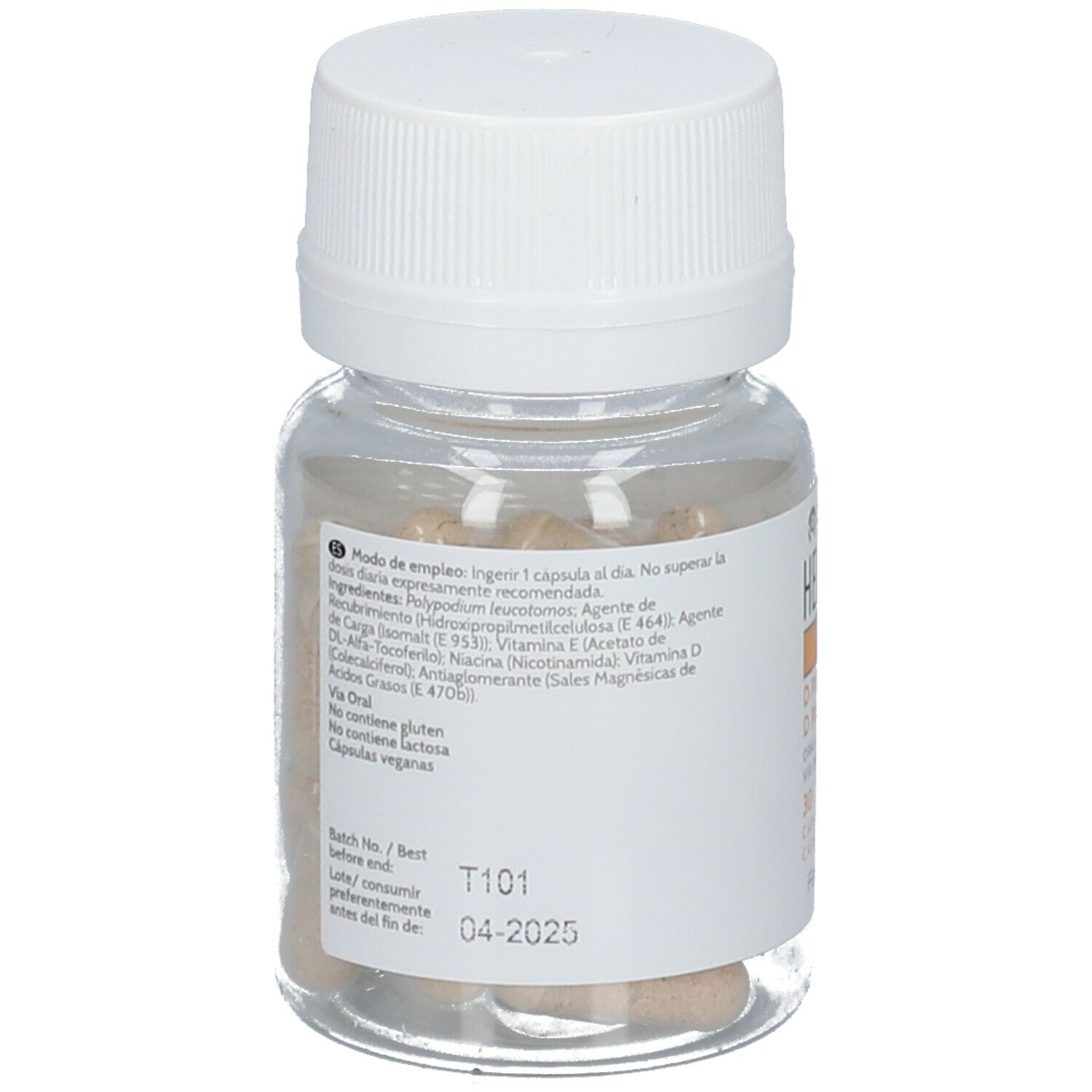 Rückseite der Flasche mit Inhaltsangaben und Verfallsdatum. Transparente Flasche mit weißen Kapseln.
