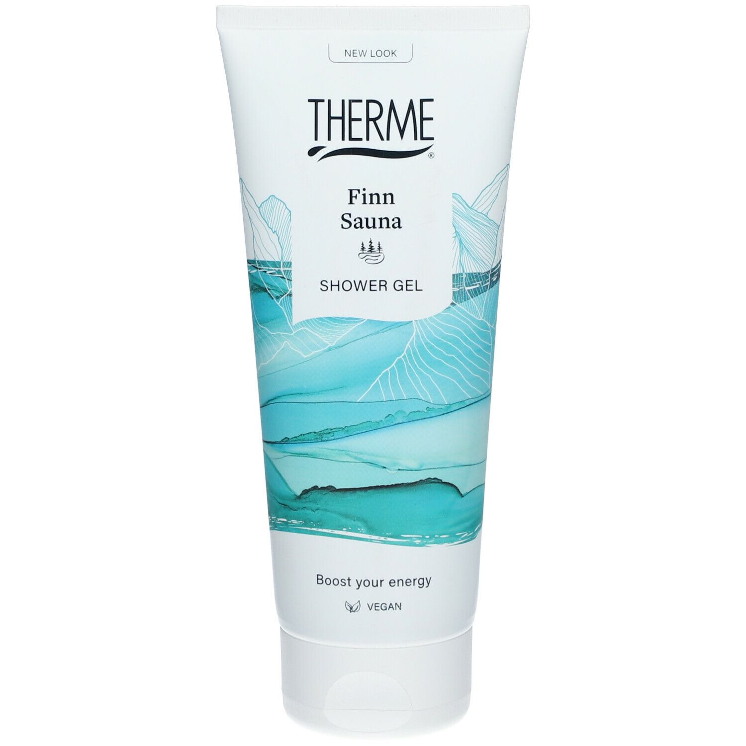 Wit-turkoois tube THERME Finn Sauna Shower Gel. Opschrift: THERME, Finn Sauna, Shower Gel. Vegan-keurmerk.