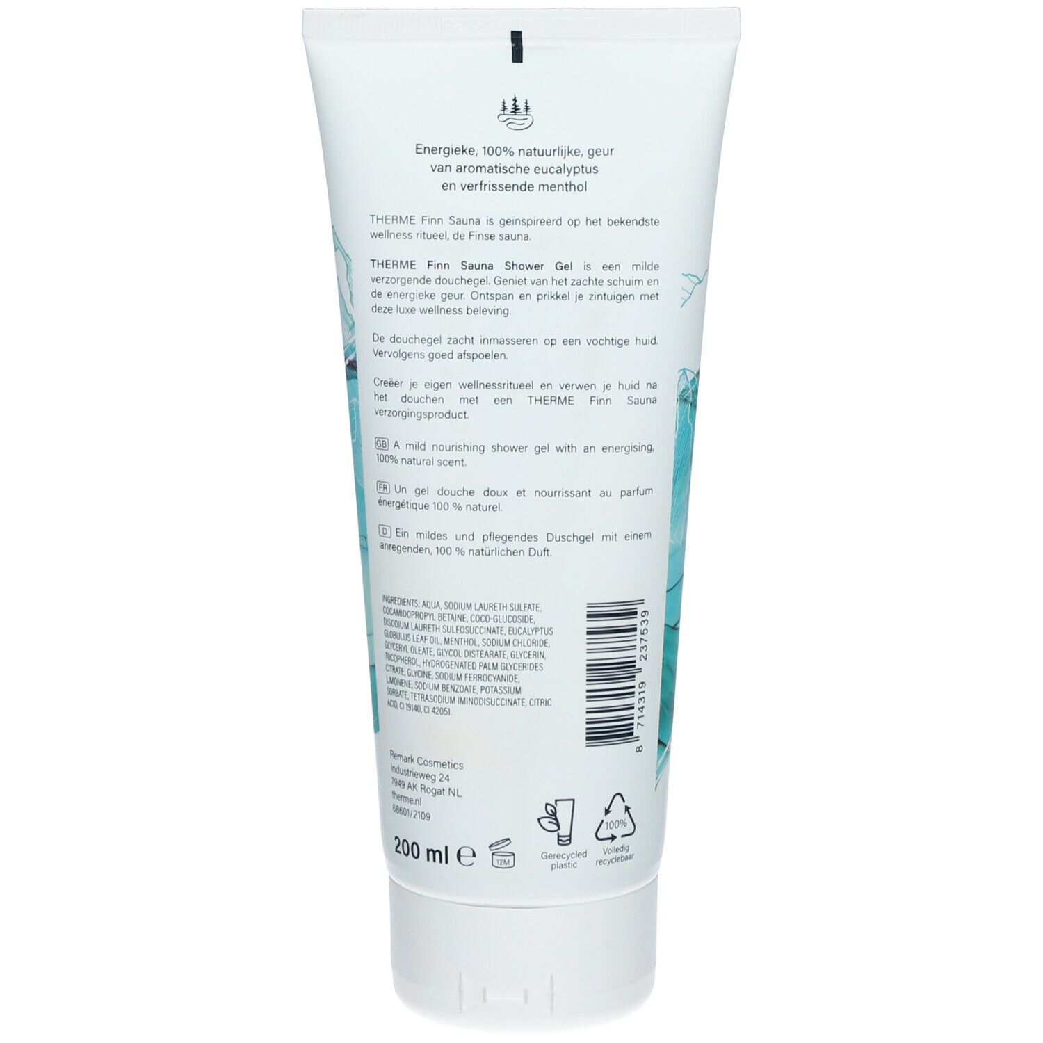 Achterkant van de tube THERME Finn Sauna Shower Gel. Tekst in meerdere talen. Ingrediënten en recyclingsymbolen.