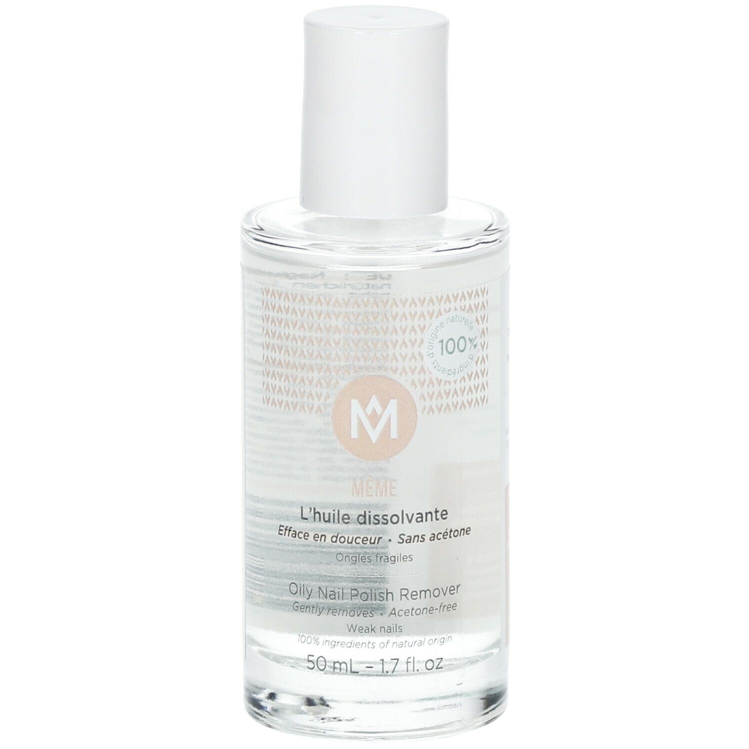 Klare Flüssigkeit in einer Glasflasche mit weißem Deckel. Aufschrift: MÊME, L'huile dissolvante, Oily Nail Polish Remover.