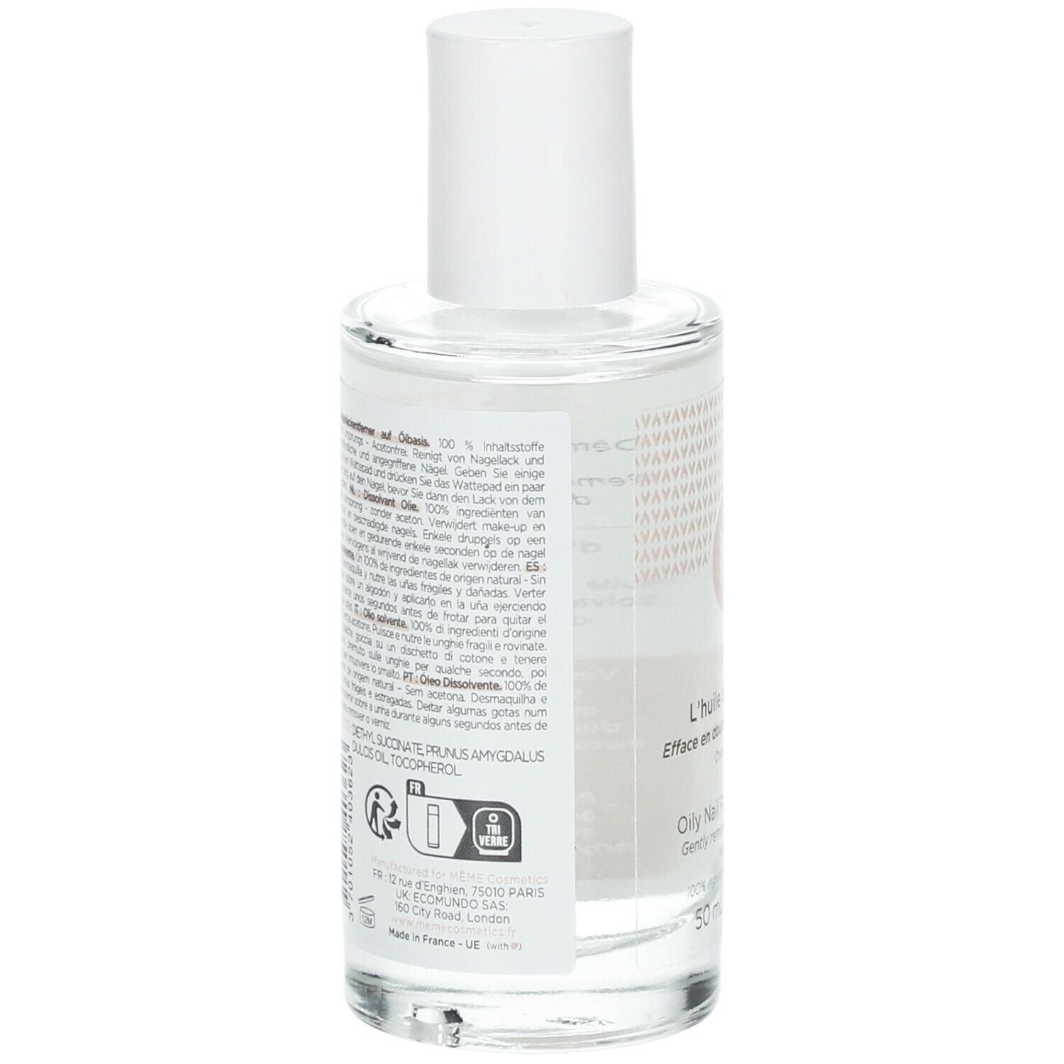 Rückansicht einer Glasflasche mit weißem Deckel. Text in mehreren Sprachen. Aufschrift: L'huile dissolvante, Oily Nail Polish Remover.