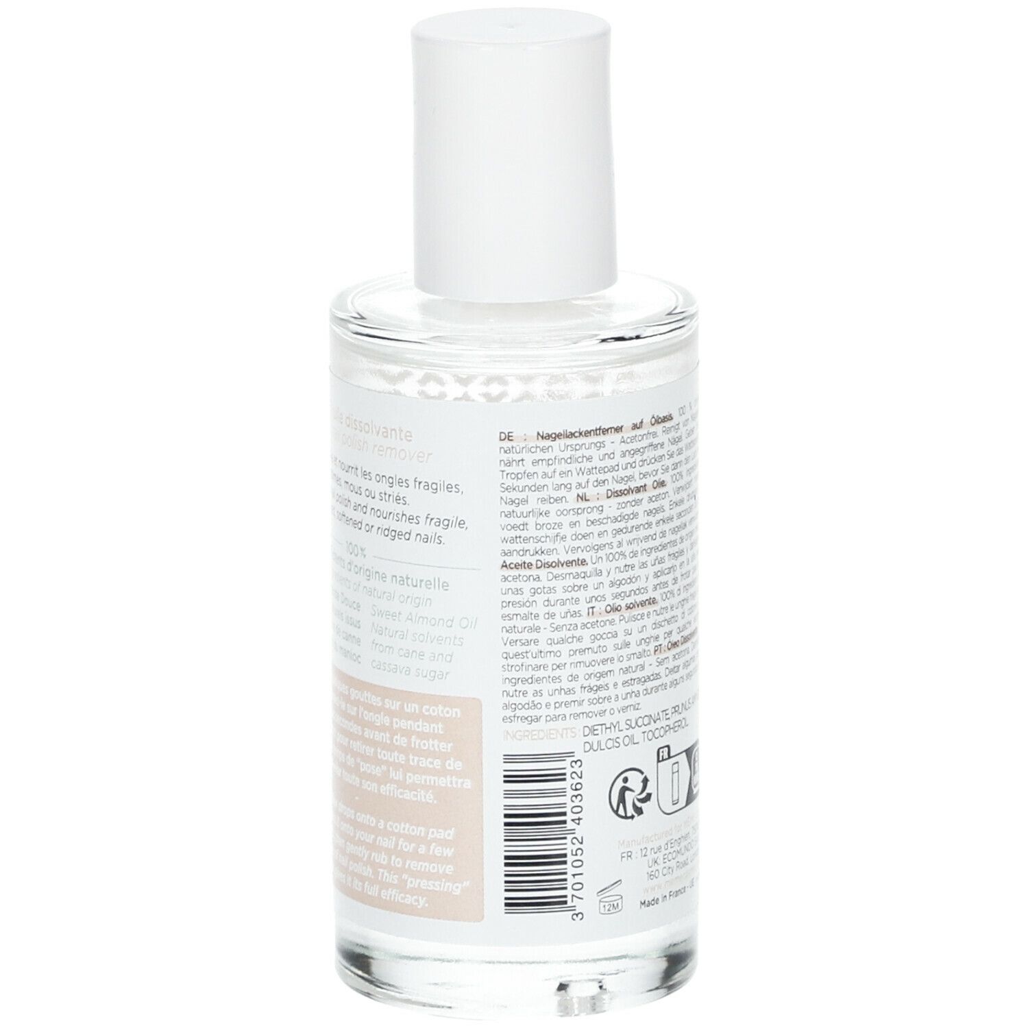Rückansicht einer Glasflasche mit weißem Deckel. Text in mehreren Sprachen. Aufschrift: L'huile dissolvante, Oily Nail Polish Remover.