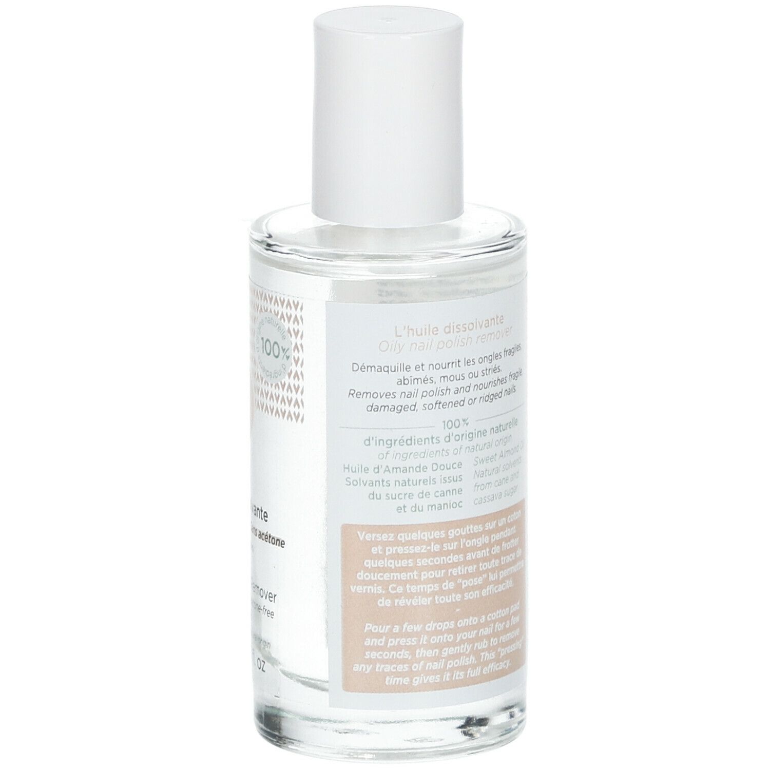 Rückansicht einer Glasflasche mit weißem Deckel. Text in mehreren Sprachen. Aufschrift: L'huile dissolvante, Oily Nail Polish Remover.