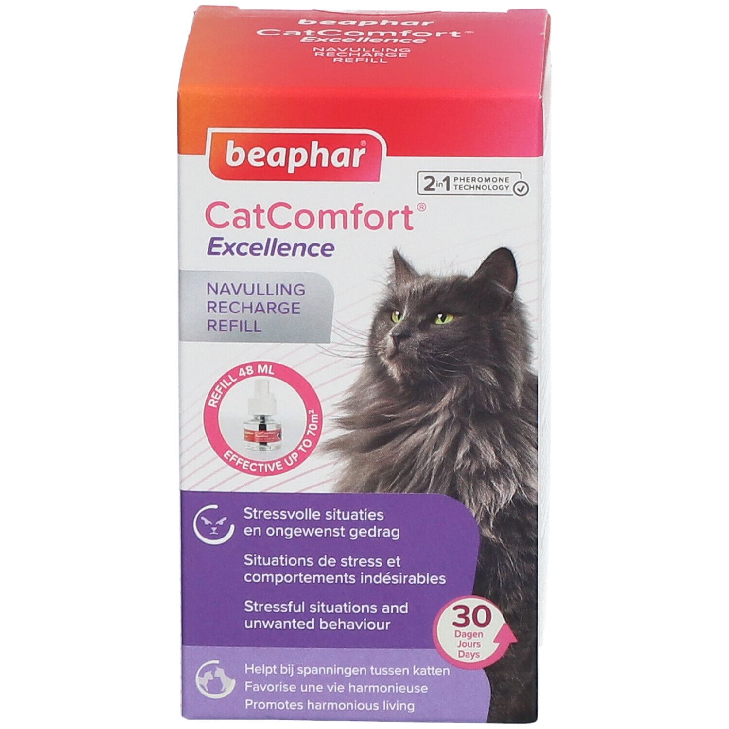 Flacon recharge Beaphar CatComfort Excellence. Boîte avec chat, texte et logo. Recharge 48 ml, efficace jusqu'à 70 m².
