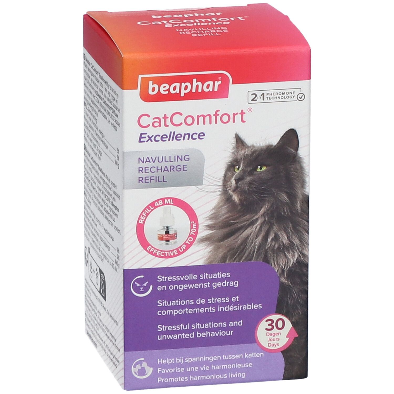 Flacon recharge Beaphar CatComfort Excellence. Boîte avec chat, texte et logo. Recharge 48 ml, efficace jusqu'à 70 m².