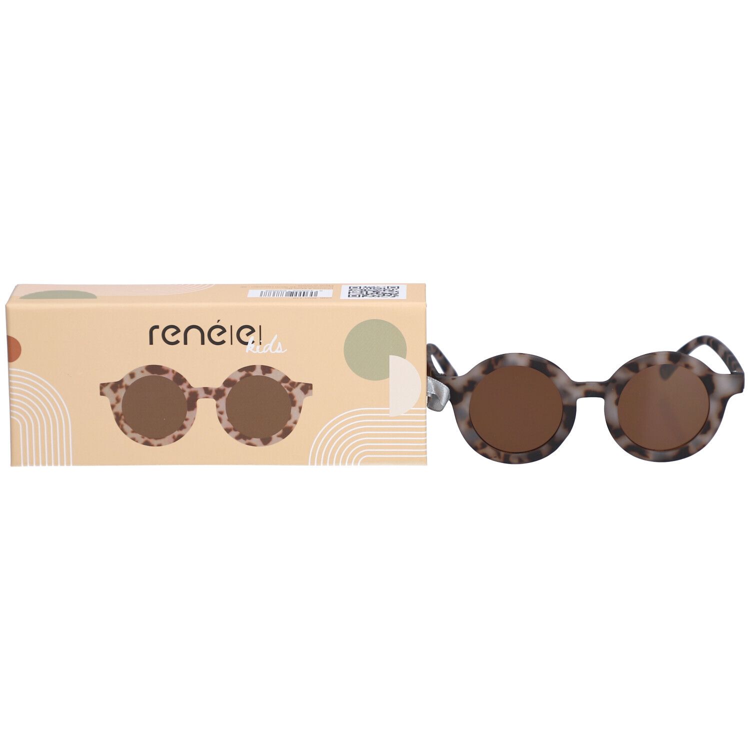 Runde Sonnenbrille mit Leopardenmuster-Rahmen und braunen Gläsern, daneben die passende Verpackung.