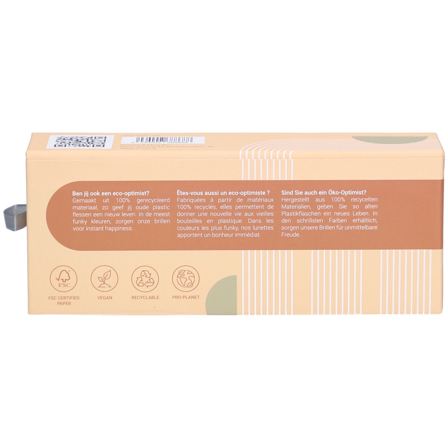 Verpackung mit Text und Icons: FSC, Vegan, Recycelbar, Pro Planet.