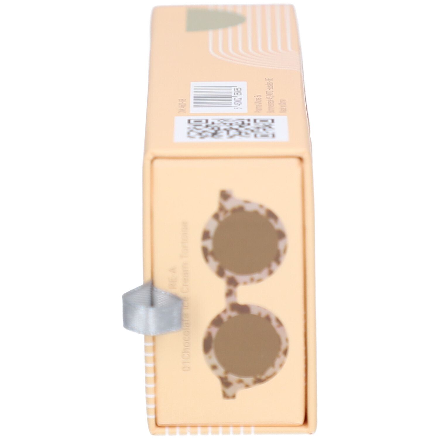 Beige Verpackung mit Sonnenbrillen-Design und Barcode.