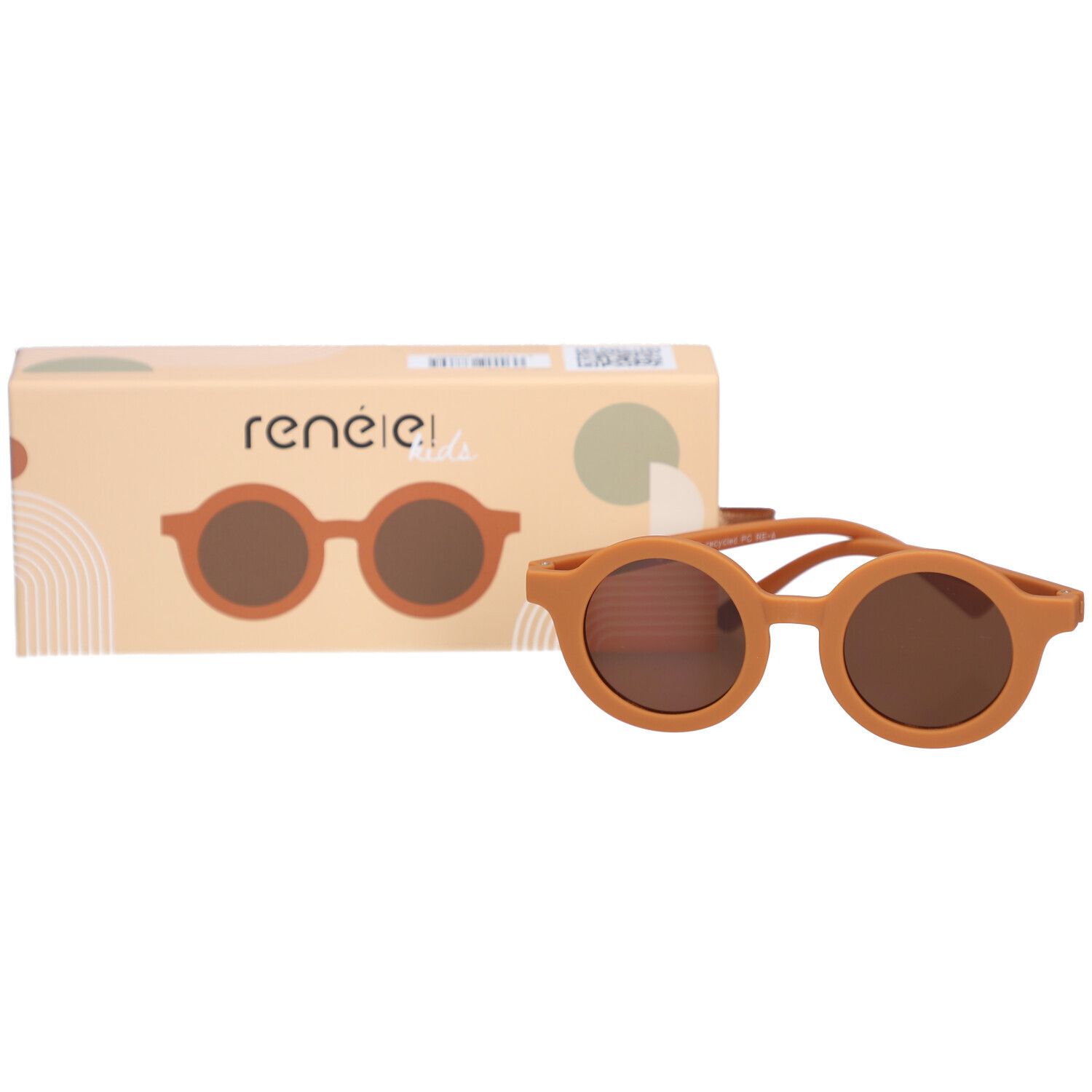 Kinder-Sonnenbrille im Karton. Die runde Sonnenbrille hat einen matten braunen Rahmen und braune Gläser.