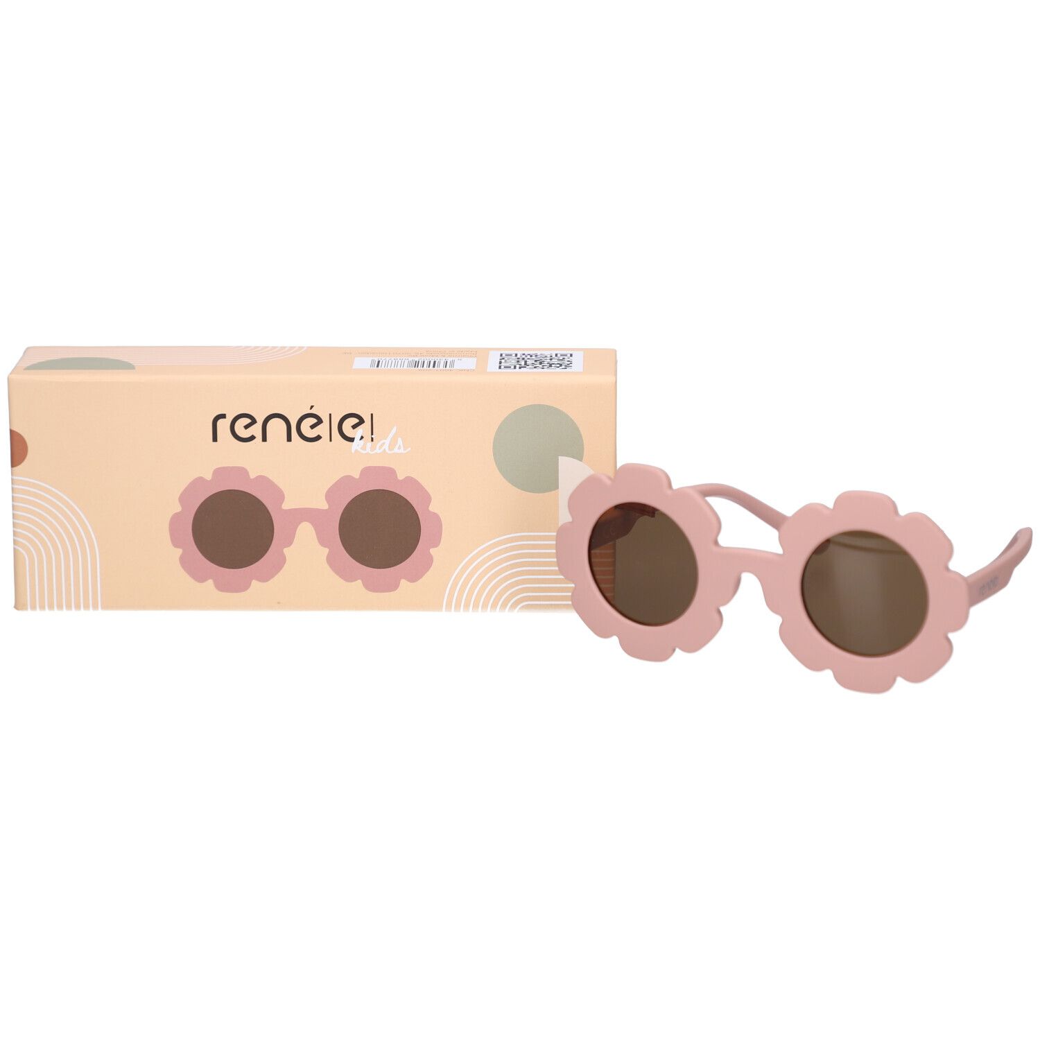 Rosa Sonnenbrille in Blumenform mit braunen Gläsern, daneben die passende Verpackung.