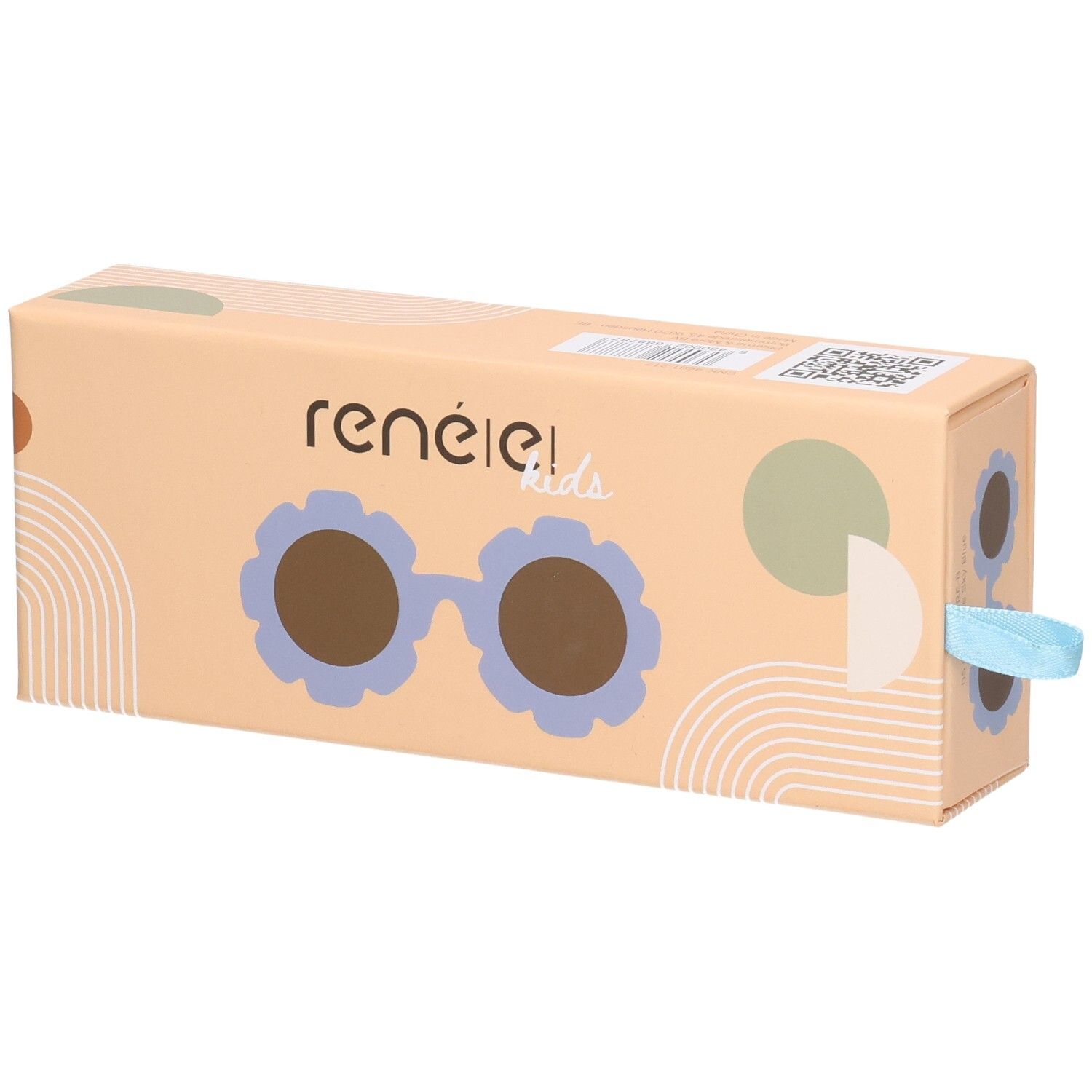 Orangefarbene Geschenkbox mit dem Logo 'renée! kids' und einer stilisierte Sonnenbrille. Mit hellblauem Band.