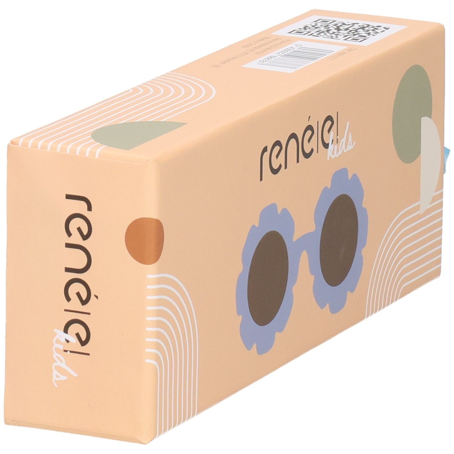 Verpackung für Kinder-Sonnenbrillen mit Blumenmotiv und dem Schriftzug 'renenele kids'.