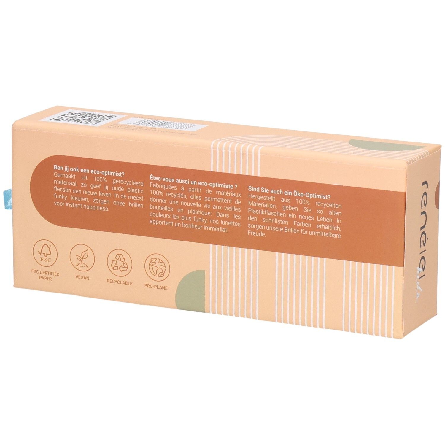 Verpackung aus 100% recyceltem Material mit Text und Icons für Umweltfreundlichkeit.