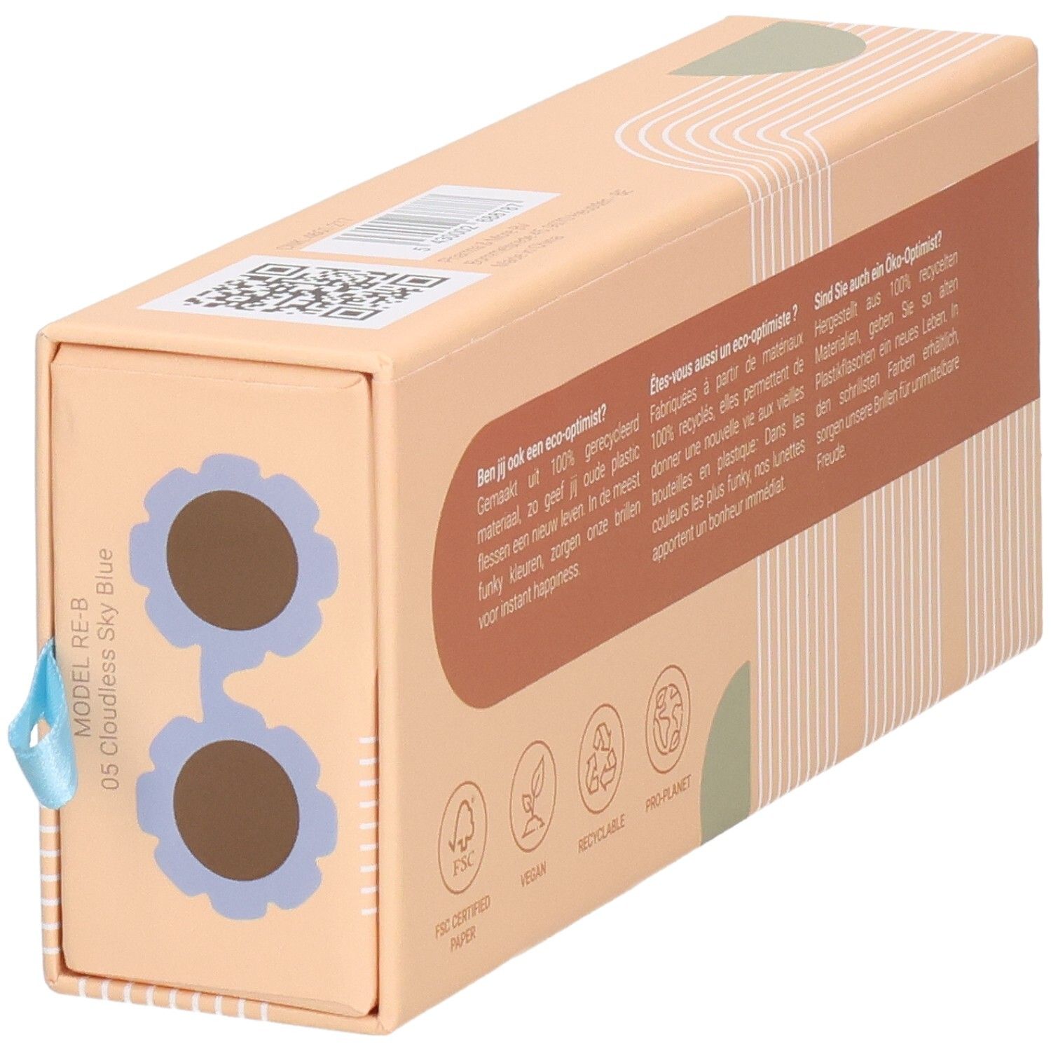 Verpackung mit Blumenmuster und Text, Modell RE-B 05 Cloudless Sky Blue.