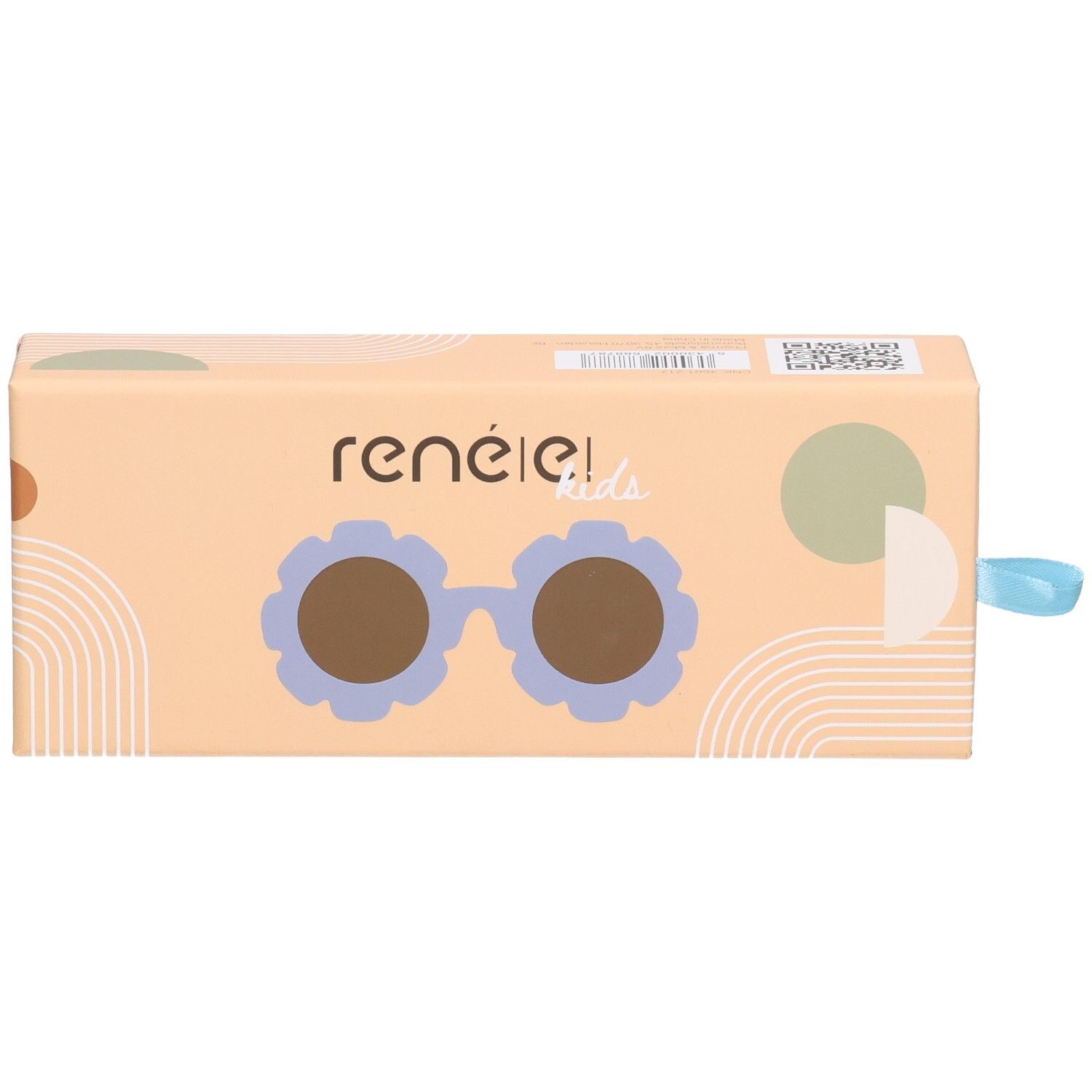 Verpackung für Kinder-Sonnenbrillen mit Blumenmuster und dem Markennamen 'renelie kids'.