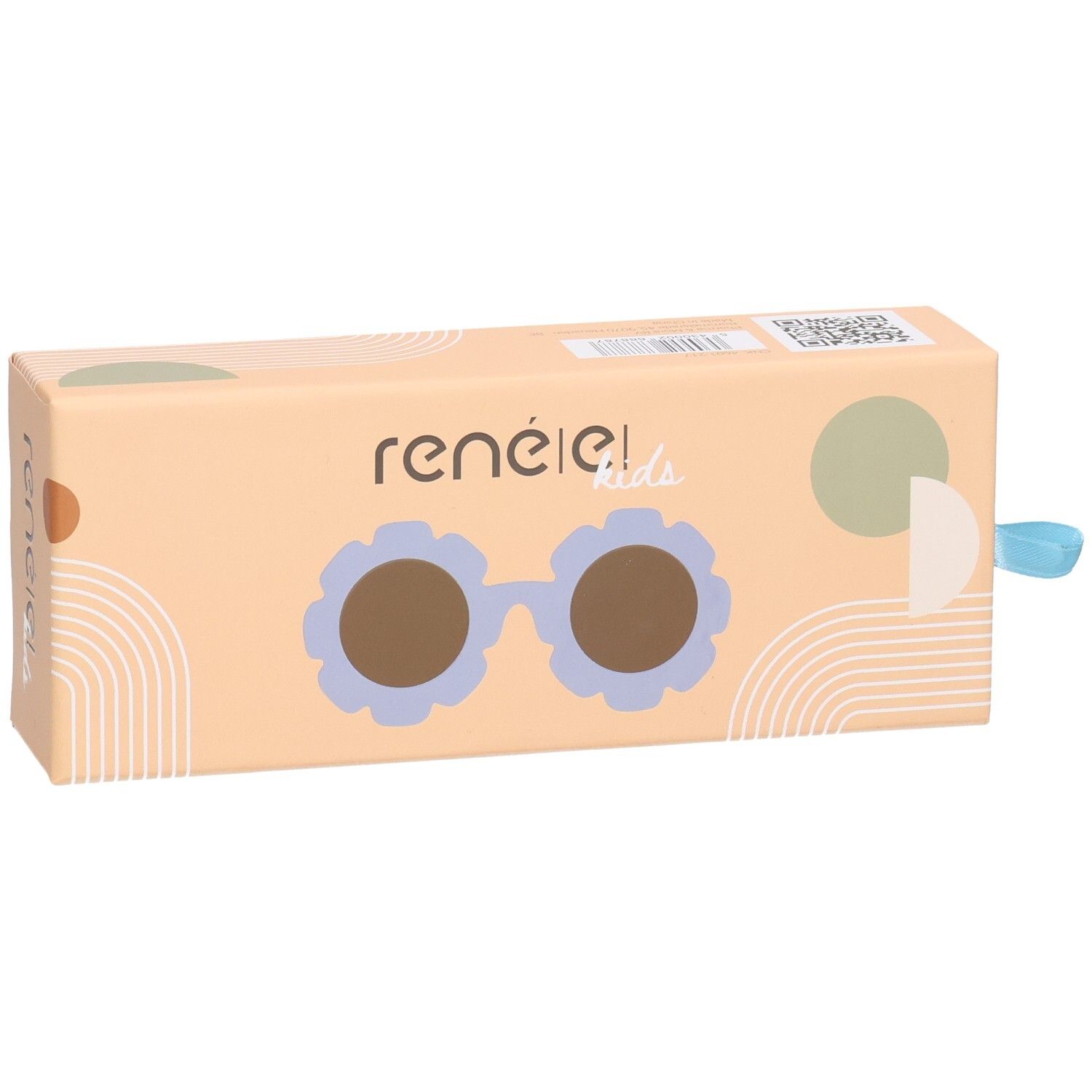Verpackung für Kinder-Sonnenbrillen mit Blumenmotiv und dem Markennamen 'renée! kids'.