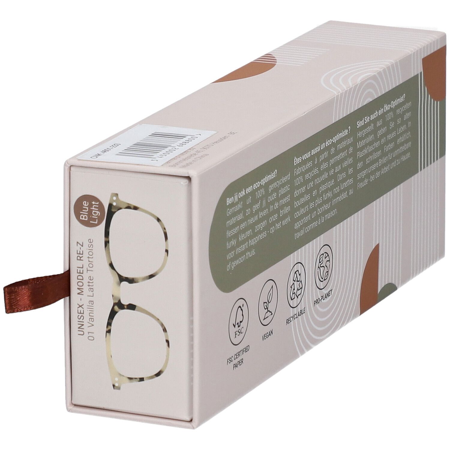 Brillenkoker met afbeelding. Merk renéiel. Unisex model RE-Z 01 Vanilla Latte Tortoise. Blue Light.