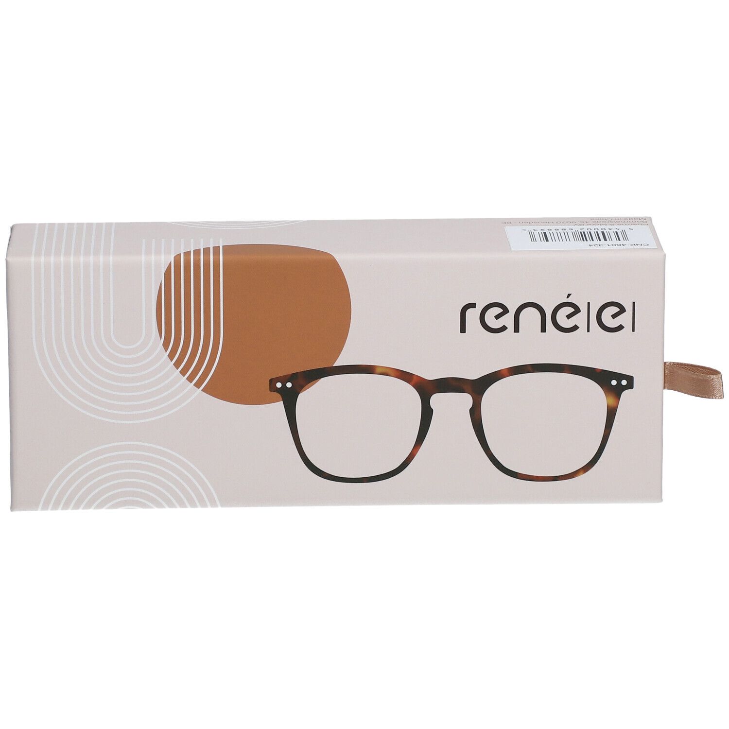 Brillenetui mit Brillenabbildung. Aufschrift "rené(e)". Braune Brille mit dunklem Rahmen. Beige Verpackung.