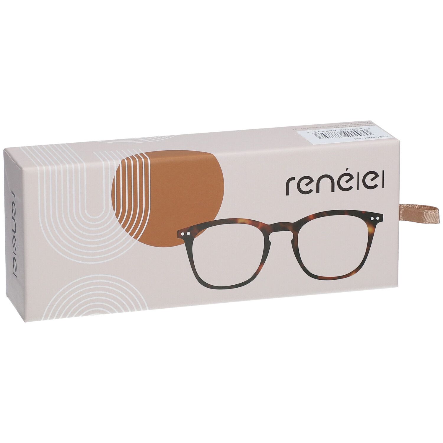 Brillenetui mit Brillenabbildung. Aufschrift "rené(e)". Braune Brille mit dunklem Rahmen. Beige Verpackung.