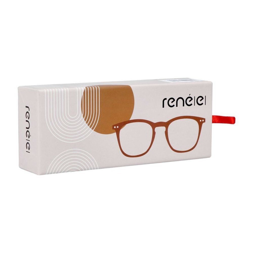 Lunettes de lecture orange à monture rectangulaire et emballage.