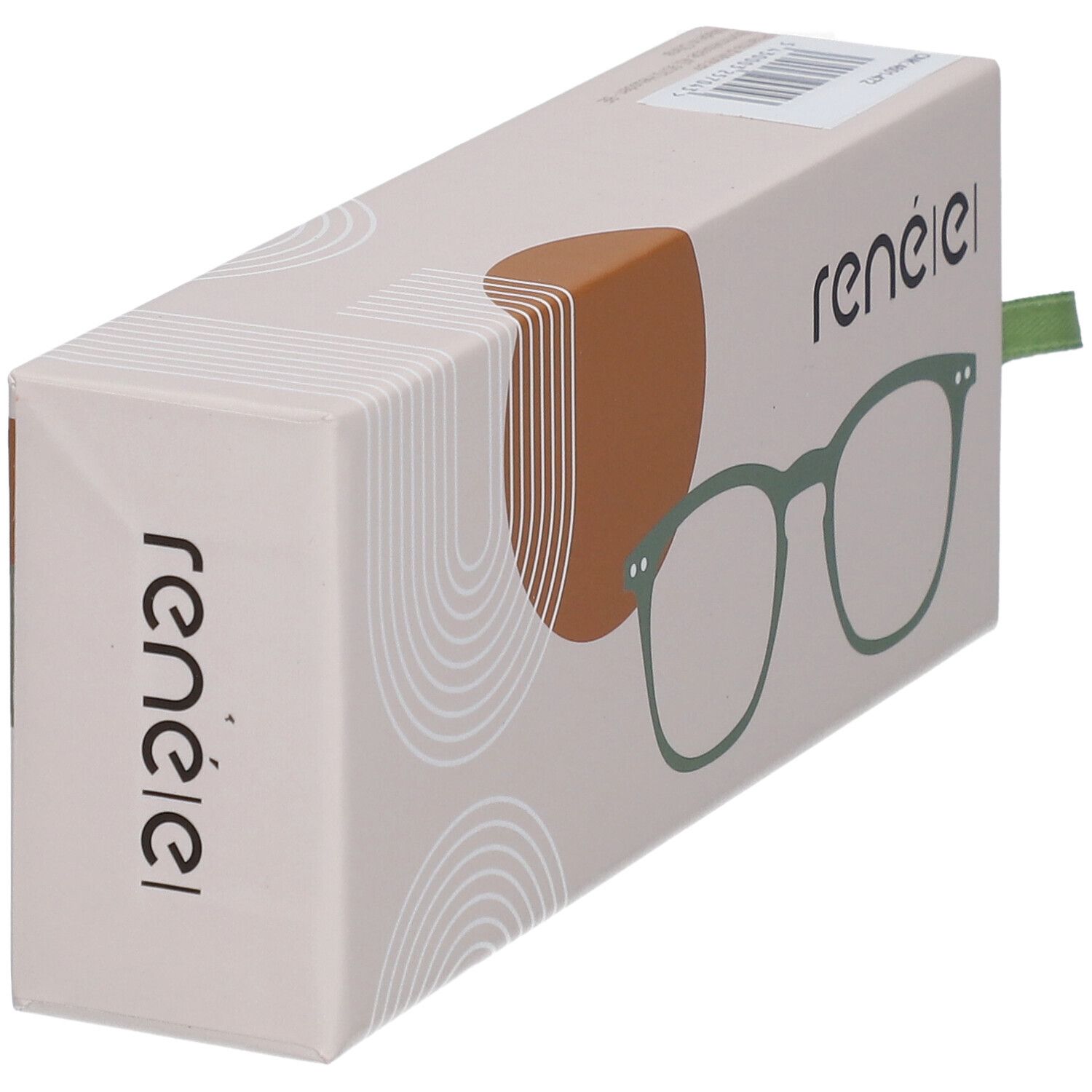 Emballage, marque : renée. Forme de lunettes vertes représentée. Emballage beige avec ruban vert. Vue latérale.
