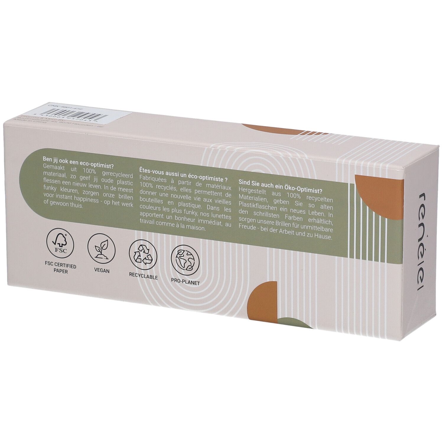 Dos de l'emballage. Texte en allemand, français et néerlandais. Certification FSC, vegan, recyclable, Pro Planet.