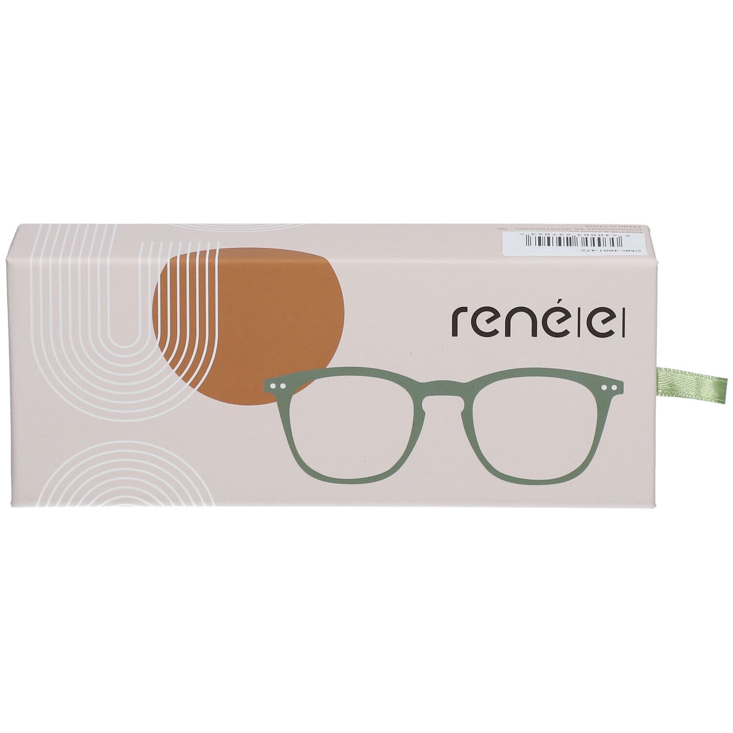 Boîte avec illustration de lunettes. Marque : renée. Forme de lunettes vertes représentée. Emballage beige avec ruban vert.