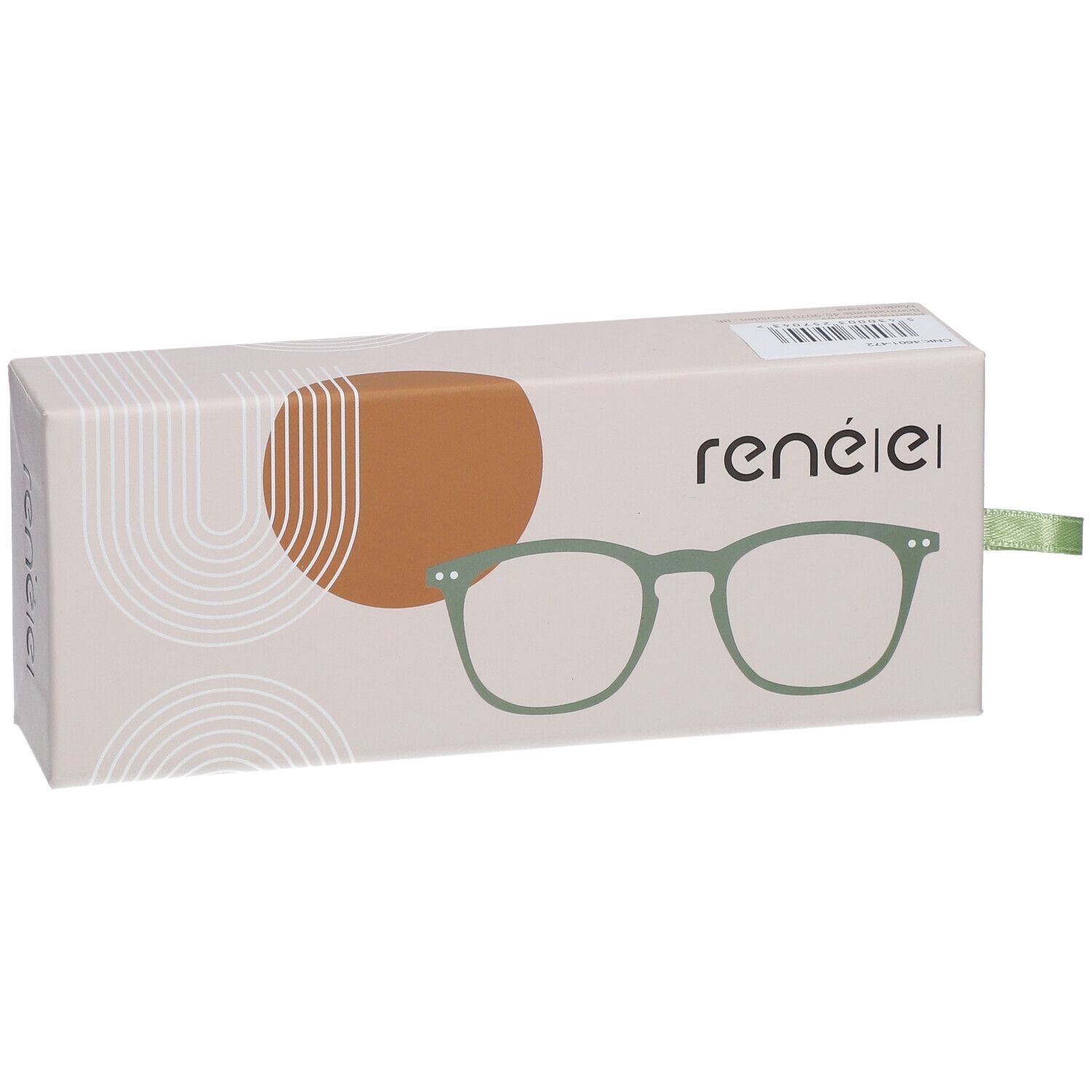 Boîte avec illustration de lunettes. Marque : renée. Forme de lunettes vertes représentée. Emballage beige avec ruban vert.