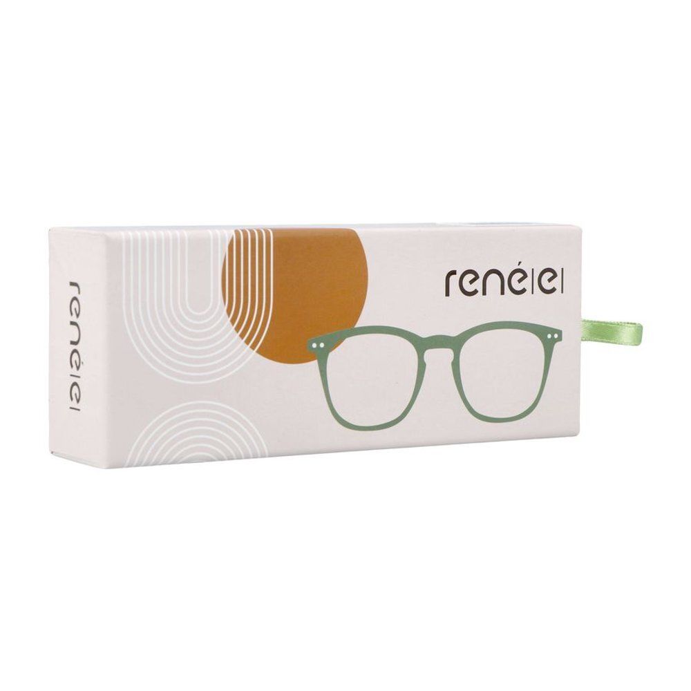 Emballage pour lunettes de lecture vertes, marque 'renéle'.
