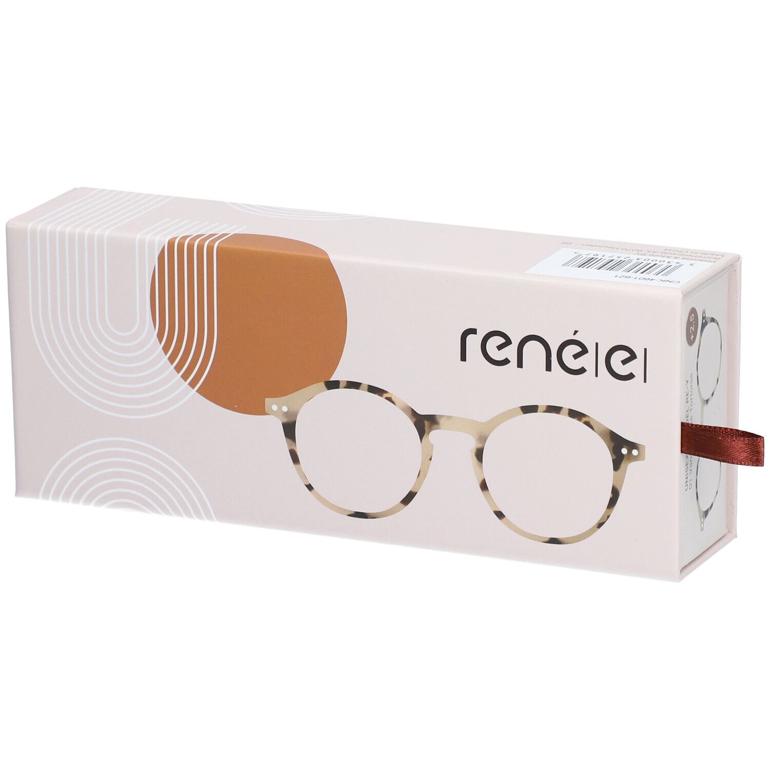 Étui à lunettes avec illustration. Marque : renēel. Motif écaille. Lacet marron.
