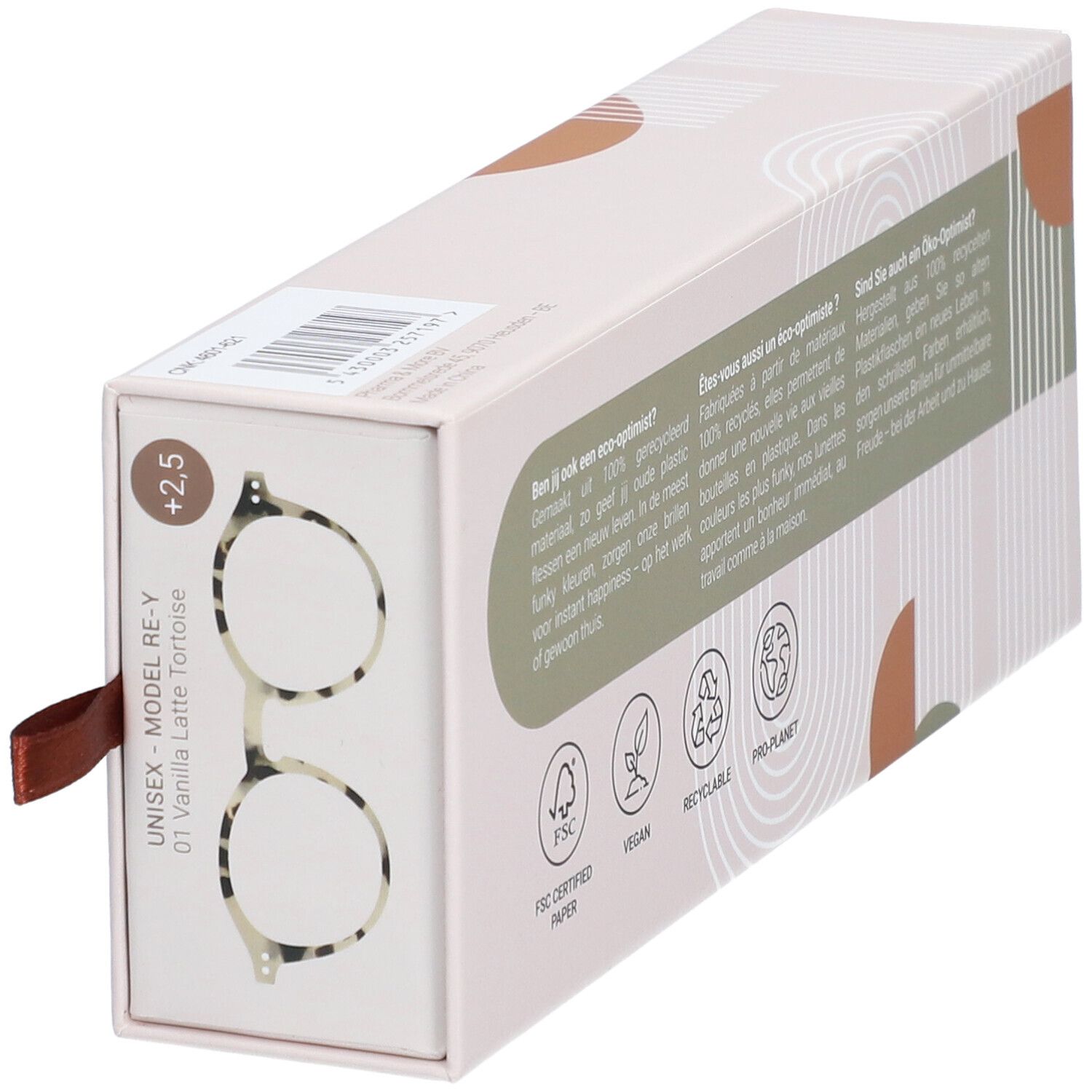 Étui à lunettes avec illustration. Marque : renēel. +2,5. Motif écaille. Lacet marron.