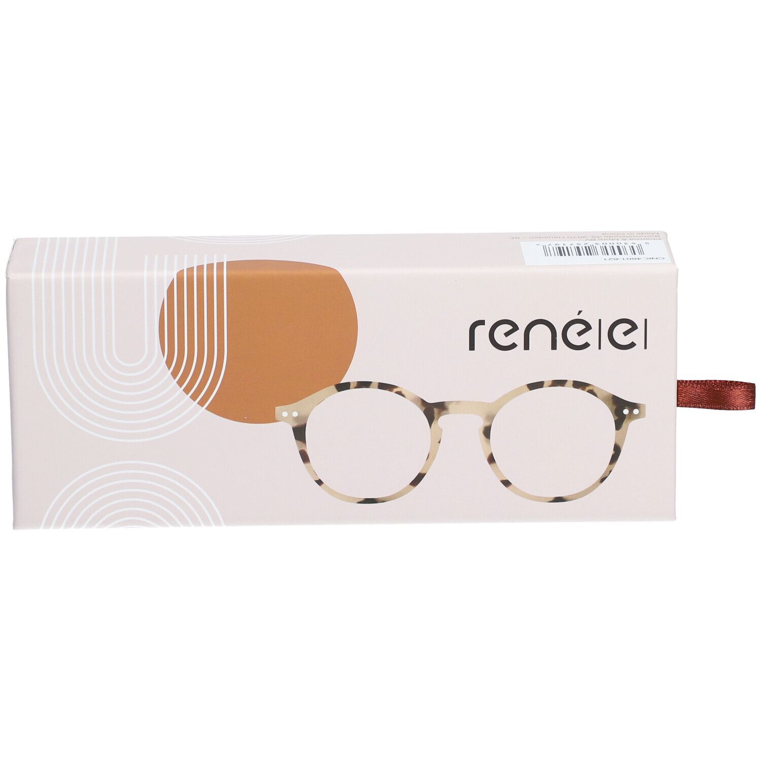Étui à lunettes avec illustration. Marque : renēel. Motif écaille. Lacet marron.