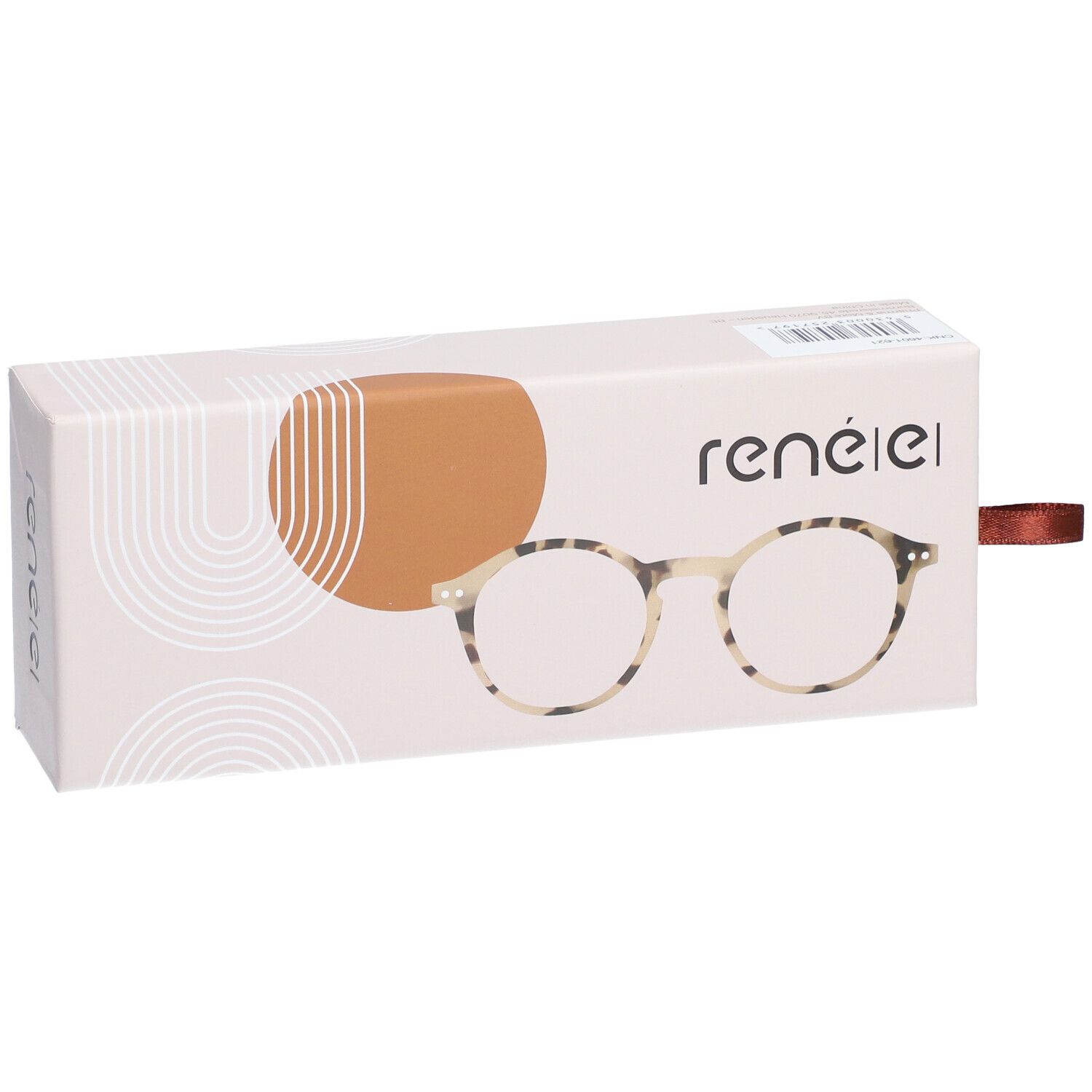 Étui à lunettes avec illustration. Marque : renēel. Motif écaille. Lacet marron.