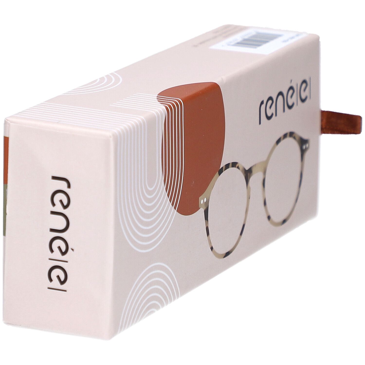 Verpackung für Brillen mit dem Markennamen 'renele' und einer Abbildung einer Brille.