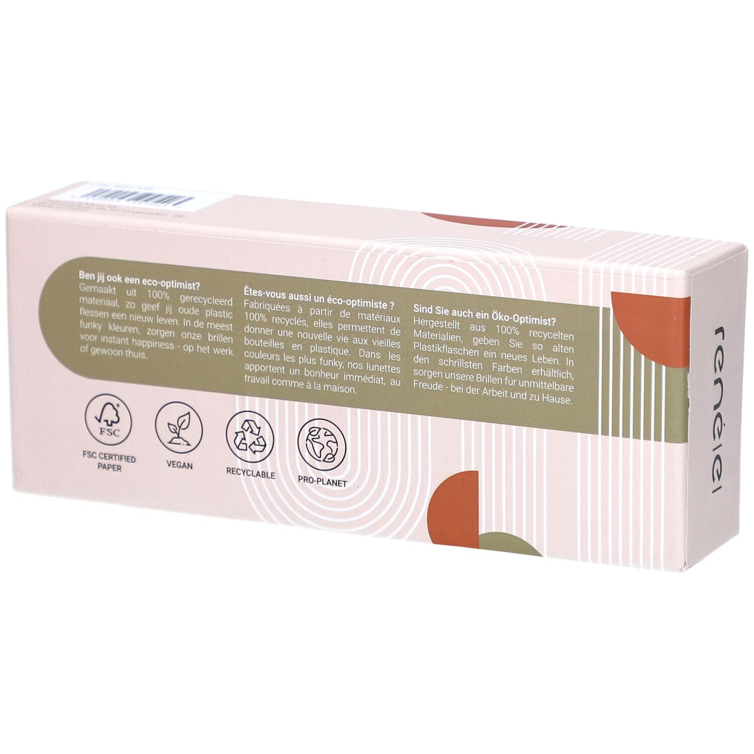 Verpackung mit Text und Icons zu Recycling und Nachhaltigkeit. Marke 'reneiel' sichtbar.