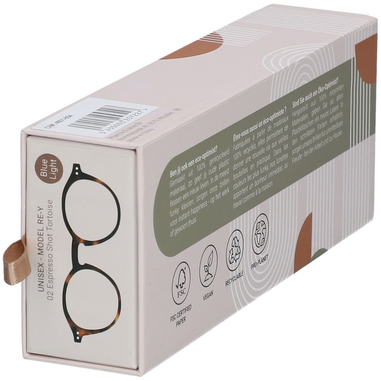 Brillenetui mit Produktinformationen. Modell RE-Y, 02 Espresso Shot Tortoise. Blaulichtfilter. Marke: René|e| Lunettes.