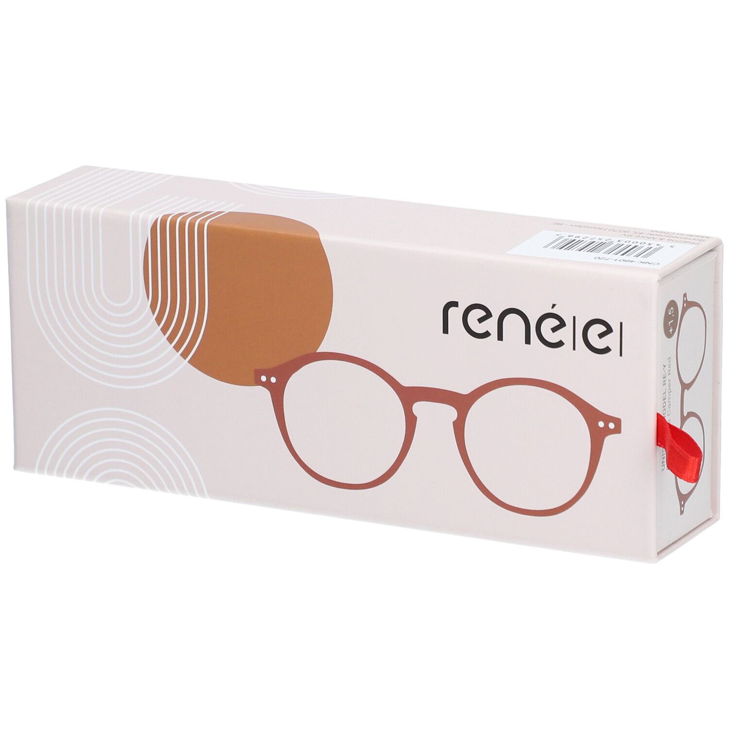Étui à lunettes avec dessin de lunettes. Marque rené(e). Ruban rouge.